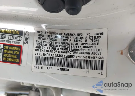 2006 Honda Civic Lx из США, поврежденный, VIN 1HGFA15536L120692